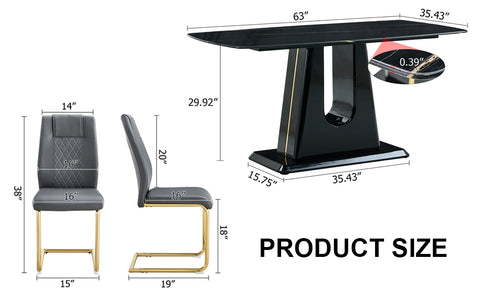 Modern Minimalist Dining Table Set with Imitation Marble Glass Top &amp; U-Bracket Legs - Seats 4-8 - Black &amp; Gold MDF - Perfect for Dining &amp; Living Rooms
