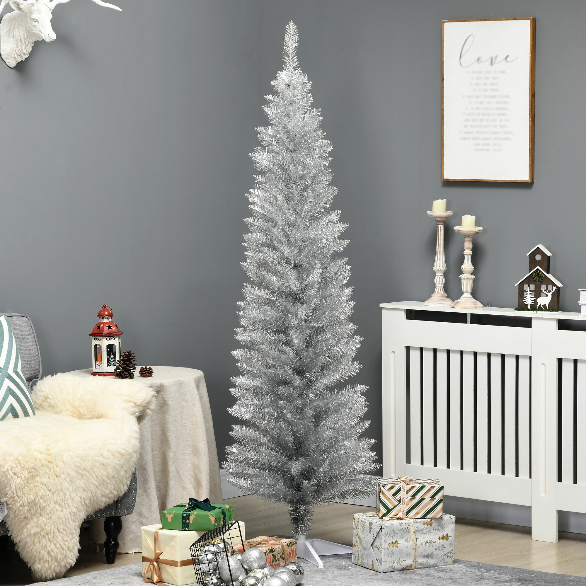 HOMCOM 6ft Slim Pencil Christmas Tree, Silver Unlit Artificial Xmas Tree with 390 Realistic Branch Tips, Flame-Retardant Plastic Stand for Indoor Home Decor