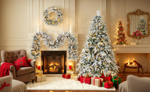 Snow Flocked Christmas Wreath, Garland & 6ft Tree 3-Pack Decor Set | Warm White LED Lights | 900-Tip PVC/PE Tree | Indoor/Covered Outdoor Use | Festive Winter Wonderland Ambiance