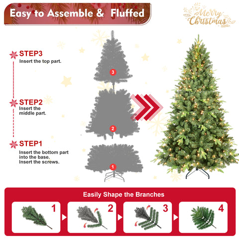 4FT Pre-Lit Christmas Tree: 636 Lush PE/PVC Tips, 200 UL Warm White Lights, Hinged Branches, Sturdy Metal Stand for Lifelike Holiday Decor, Classic Green, Easy Setup
