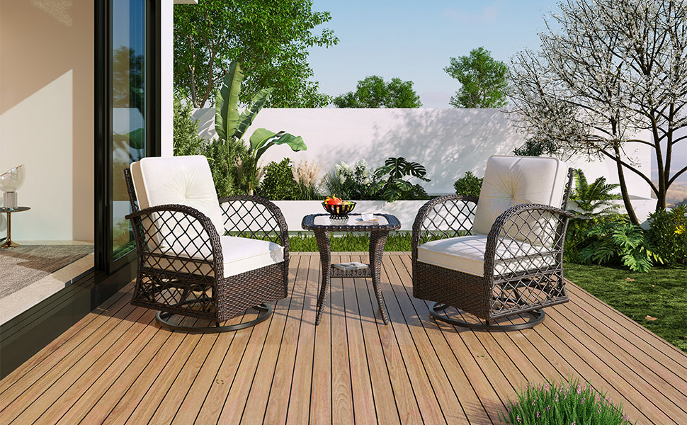 3-Piece Brown Rattan Outdoor Chat Set: 2 Swivel Rocker Chairs &amp; Glass Top Table for Garden Patio Balcony, Weather-Resistant Wicker Seating Group with Cushions