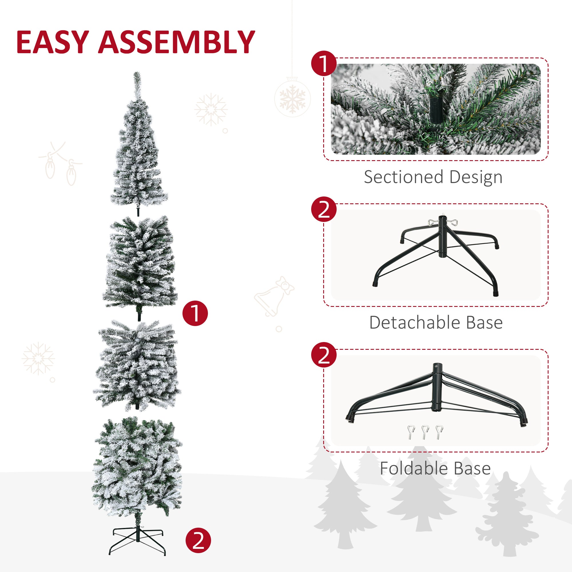 HOMCOM 9' Unlit Snow-Flocked Slim Artificial Christmas Tree, Realistic PVC Branches, 1014 Tips, Green, Sturdy Metal Base for Home & Office Holiday Decor