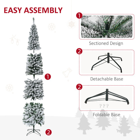 HOMCOM 9' Unlit Snow-Flocked Slim Artificial Christmas Tree, Realistic PVC Branches, 1014 Tips, Green, Sturdy Metal Base for Home & Office Holiday Decor
