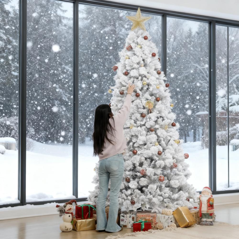 9ft Flocked Fir Christmas Tree with 750 Warm White Clear Lights - Realistic Snow-Dusted Artificial Tree for Cozy Indoor Holiday Home &amp; Office Decor