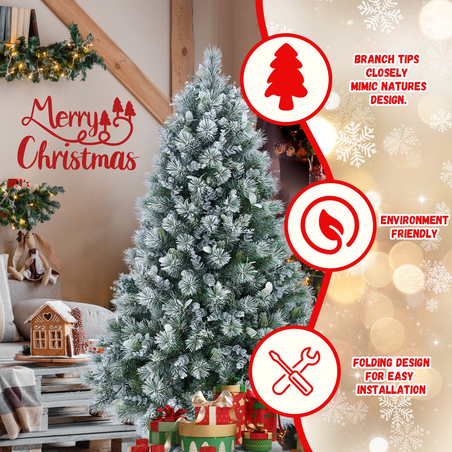 4FT Snowy Flocked Christmas Tree | Pine & Eucalyptus Mix | 404 Tips | Hinged Branches | Metal Stand | White & Green | Indoor Holiday Home & Office Decor