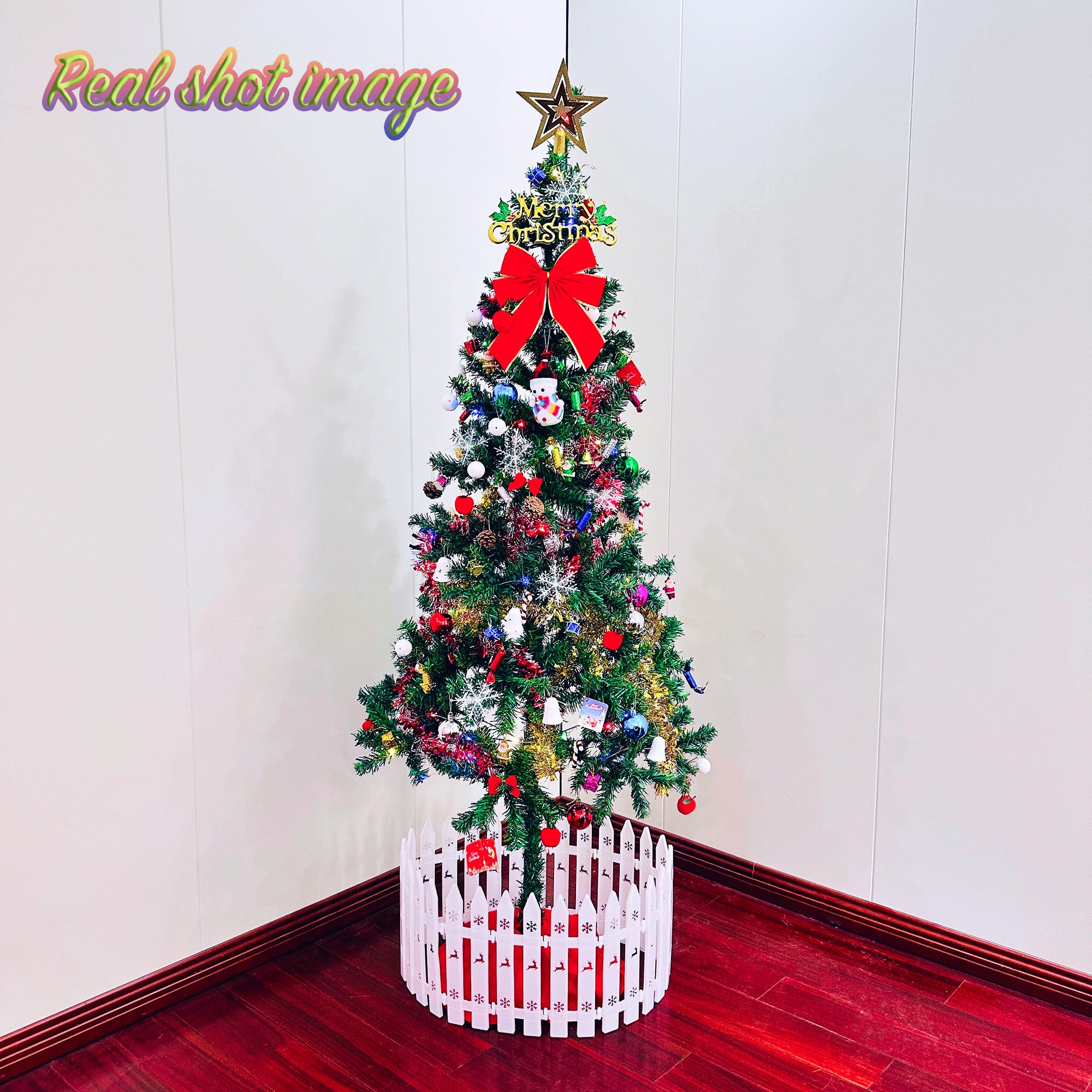 5ft Green Artificial Christmas Tree with Energy-Saving LED Lights & 109 Pendants. Indoor Holiday Decor with Durable Iron Stand & Tree Skirt. Art Deco Style, Plastic & Iron.