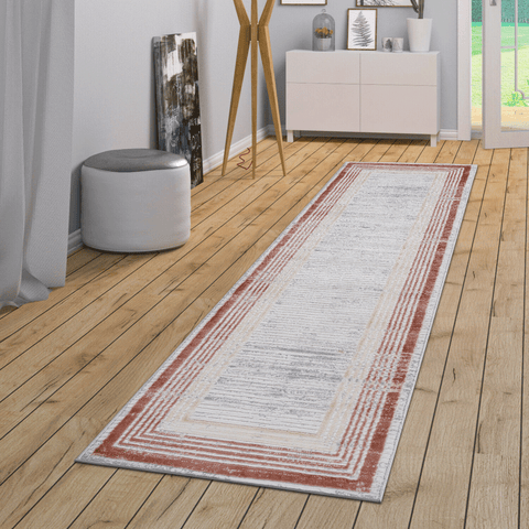 MARFI Collection 2'x8' Runner Rug - Brown/Ivory Bordered Polyester - Stain Resistant, Non-Shedding, Easy Care - Medium Pile - Turkish Made - For Entryway, Hallway, Kitchen, Living Room