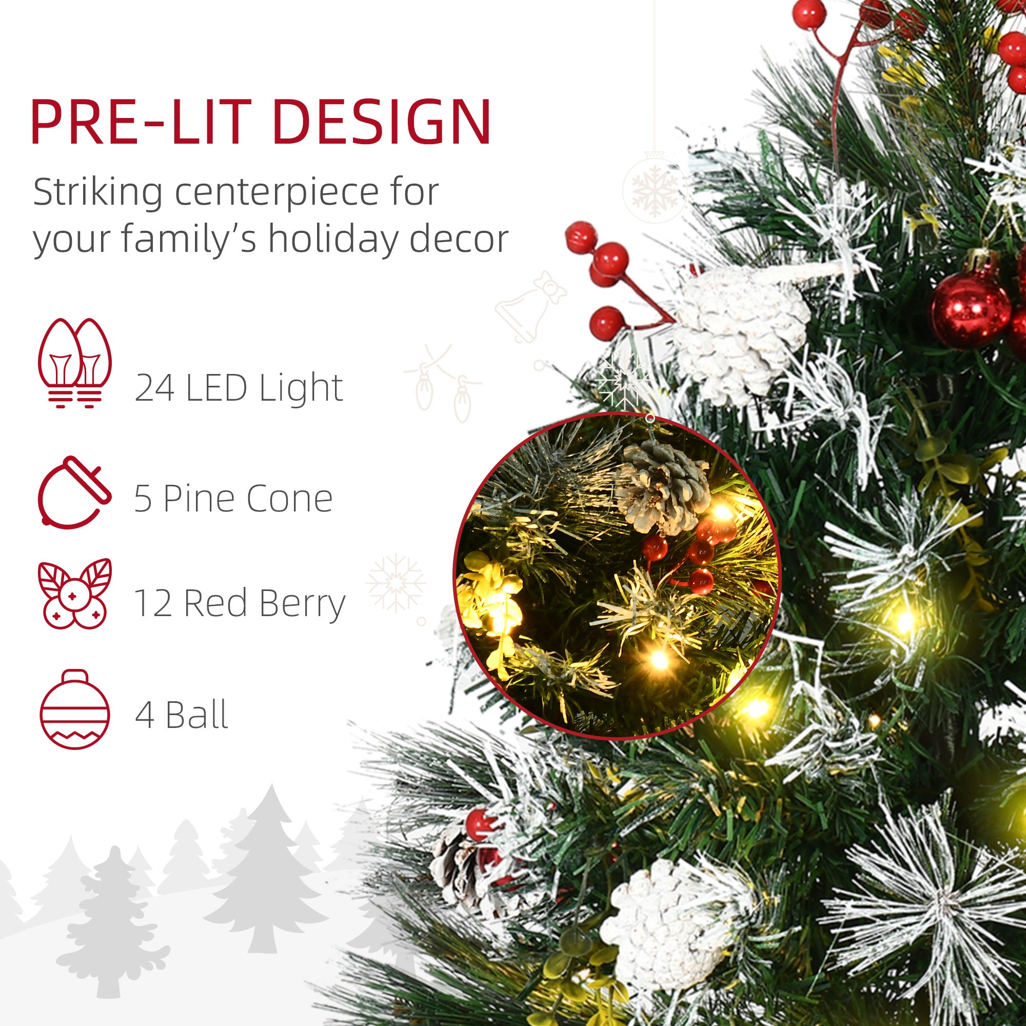 HOMCOM 2 Pack 2.5 Ft Pre-Lit Artificial Christmas Trees for Outdoor Entryway, Cordless Warm White LED, Berries, Pine Cones, Balls, Green Plastic, 70 Branches