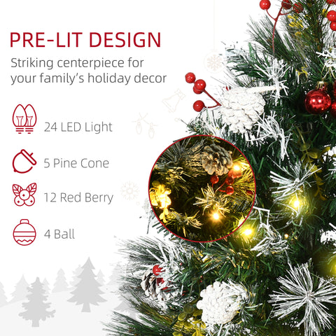 HOMCOM 2 Pack 2.5 Ft Pre-Lit Artificial Christmas Trees for Outdoor Entryway, Cordless Warm White LED, Berries, Pine Cones, Balls, Green Plastic, 70 Branches