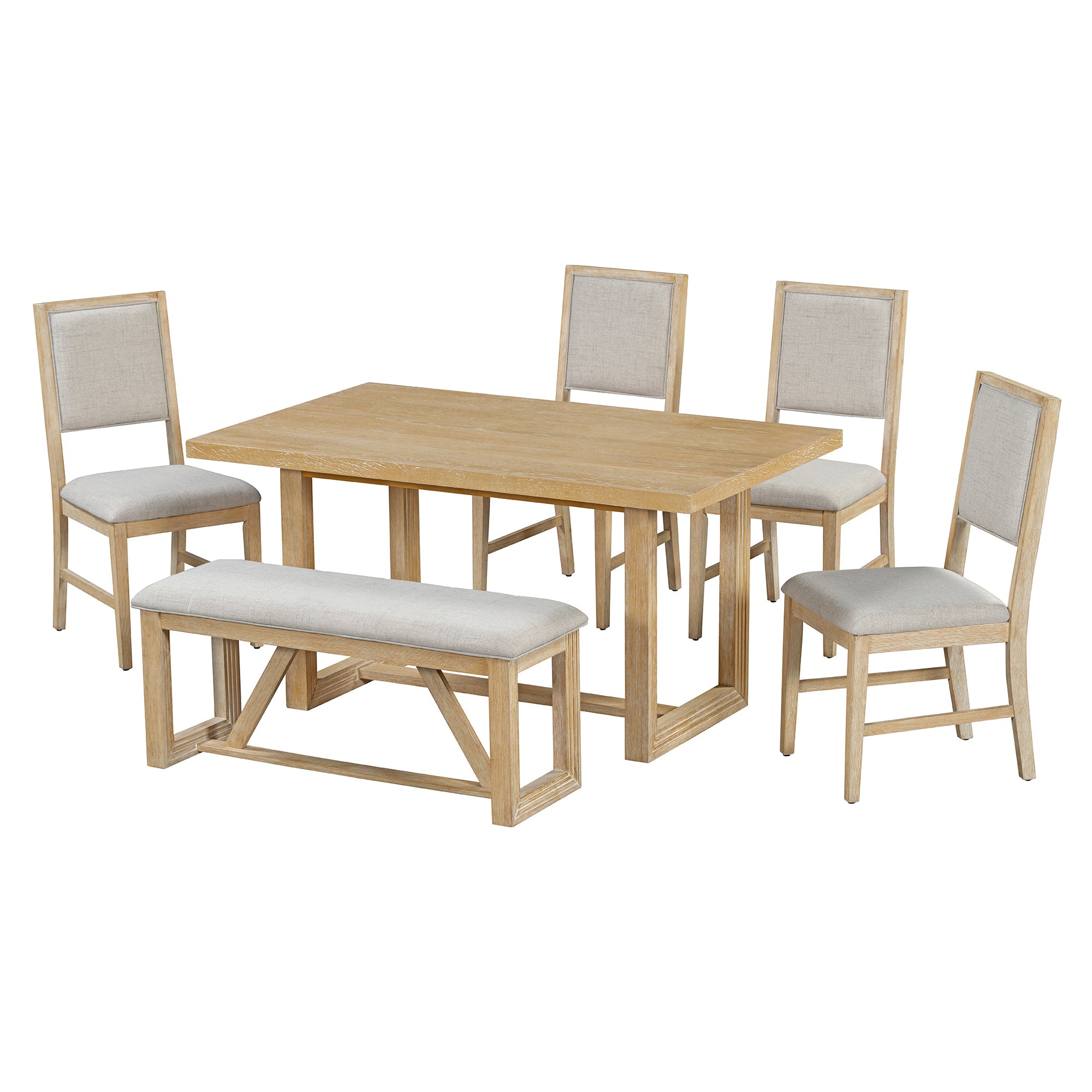 TREXM 6-Piece Retro Dining Table Set for 6, 60" Oak Veneer Wood Kitchen Table & 4 Chairs with Upholstered Bench, Natural Finish, Dining Room & Kitchen Use, Durable Rubberwood Legs