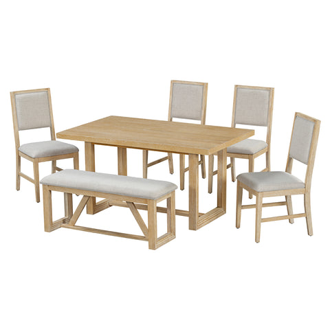TREXM 6-Piece Retro Dining Table Set for 6, 60" Oak Veneer Wood Kitchen Table & 4 Chairs with Upholstered Bench, Natural Finish, Dining Room & Kitchen Use, Durable Rubberwood Legs