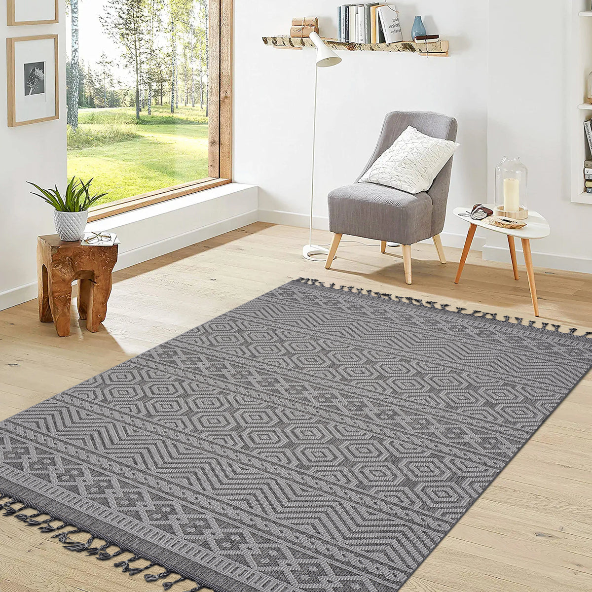 Guros Collection 8x10 Geometric Indoor/Outdoor Area Rug - Stain Resistant Polypropylene, Medium Pile, Latex-Free Cotton Backing - Grey & White, Durable Home Decor for Living Room, Patio, Entryway