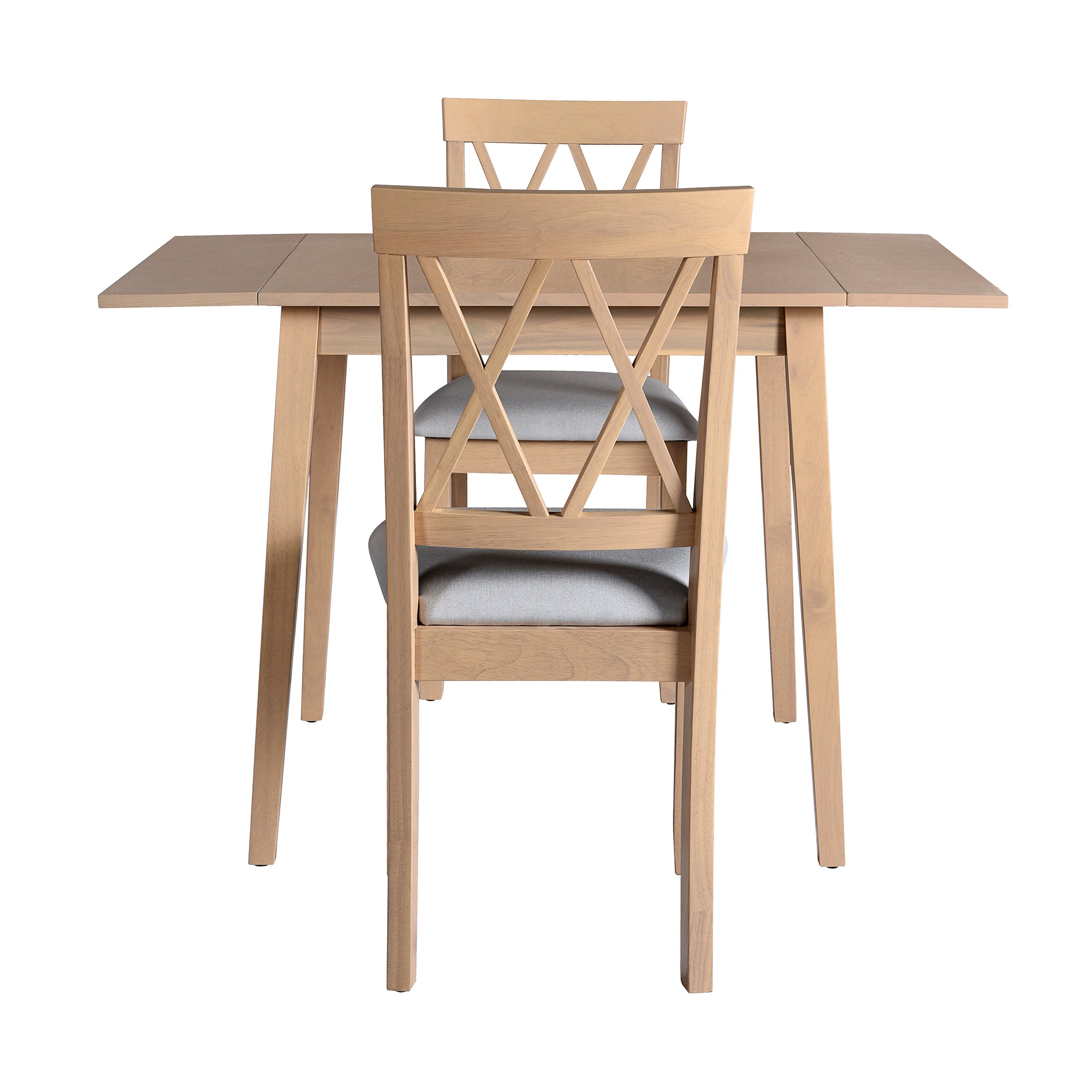 3-Piece Natural Drop Leaf Dining Set: Extendable Kitchen Table & 2 Upholstered Chairs for Small Spaces, Solid Rubberwood & MDF, Modern Farmhouse Style, Compact Dining Room Furniture