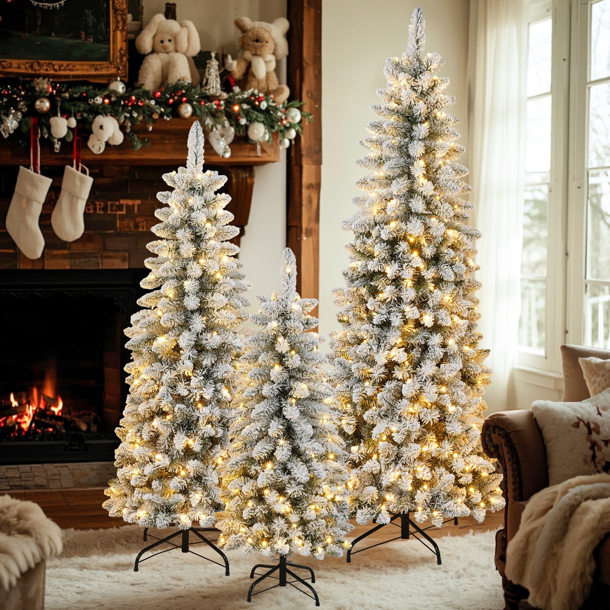 3 Pcs Flocked Artificial Christmas Trees Set w/ Warm White LED Lights, 4ft 5ft 6ft Snow-Covered Pine Tree Decor for Indoor Holiday Parties, Easy Assembly, Dense PVC Tips, Metal Stand, Green/White