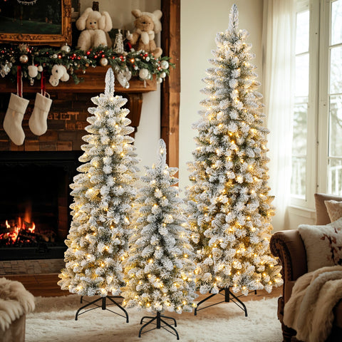 3 Pcs Flocked Artificial Christmas Trees Set w/ Warm White LED Lights, 4ft 5ft 6ft Snow-Covered Pine Tree Decor for Indoor Holiday Parties, Easy Assembly, Dense PVC Tips, Metal Stand, Green/White