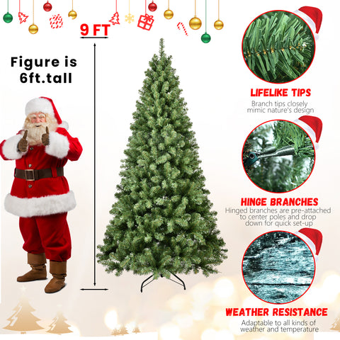 9ft Pre-Lit Green PVC Christmas Tree with 650 UL Warm White Lights, 1930 Full Tips, Auto-Unfold Memory Wire, Easy Assembly, Stable Metal Stand for Festive Holiday Home Decor
