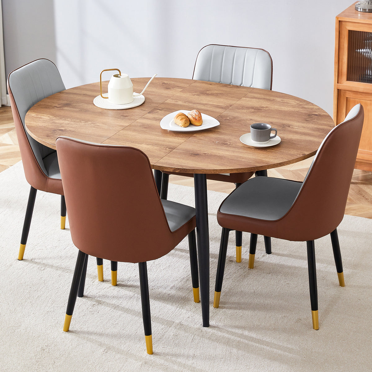 Modern Extendable Round Wood MDF Dining Table Set with 4 PU Cushioned Armless Chairs, Wood Brown, Seats 4, Perfect for Kitchen &amp; Dining Room Gatherings
