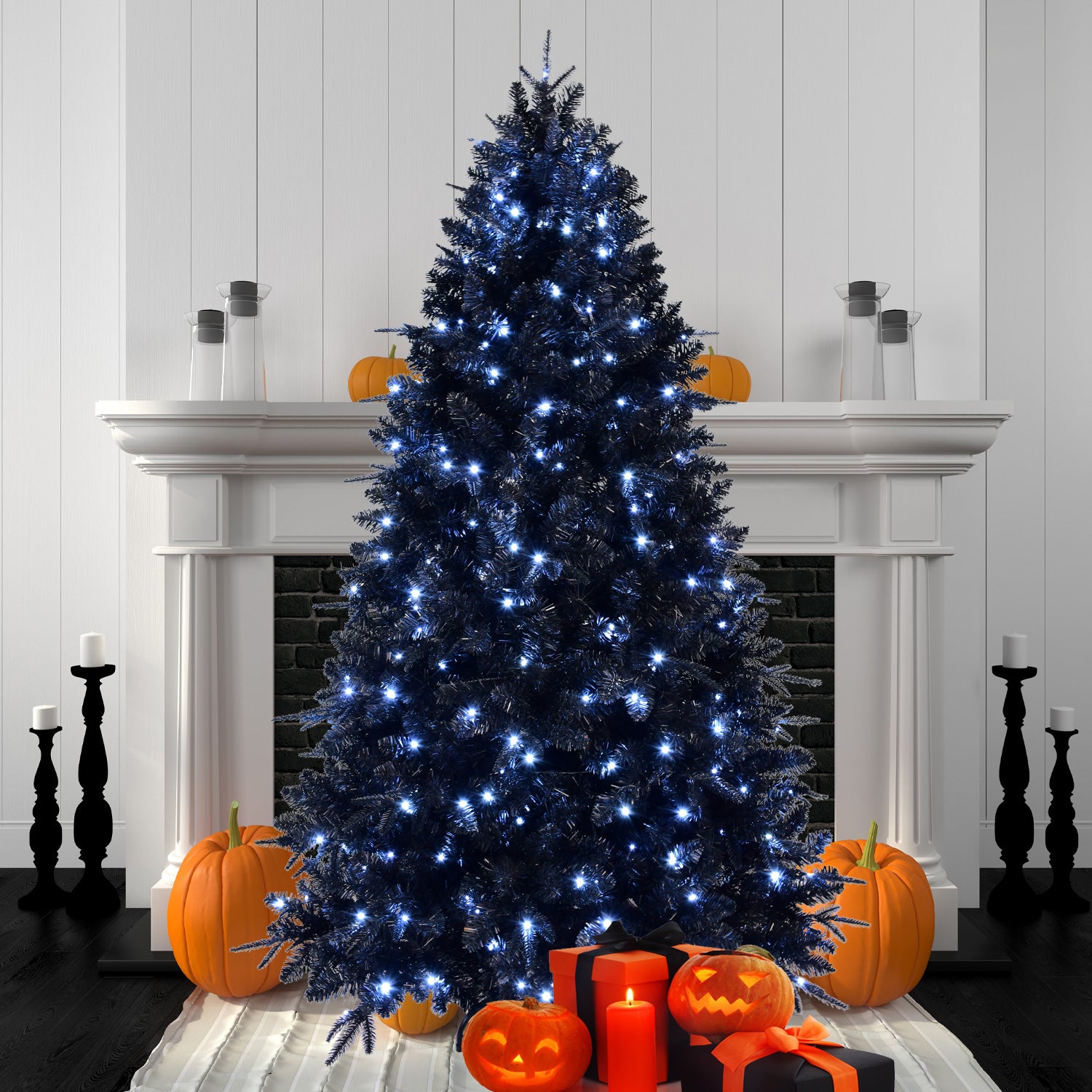 7.5ft Black Artificial Christmas Tree with 500 White LED Lights: 2156 PE+PVC Tips, Hinged, Metal Stand for Halloween & Holiday Decor, Indoor Home & Party Use