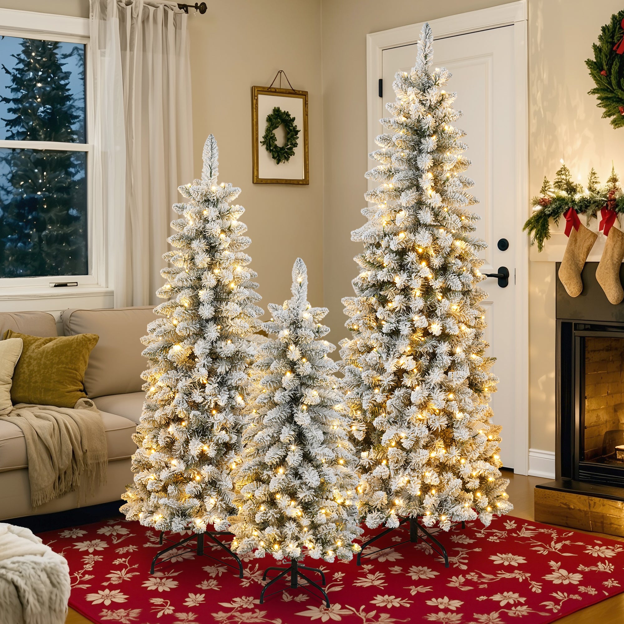 3 Pcs Flocked Artificial Christmas Trees Set w/ Warm White LED Lights, 4ft 5ft 6ft Snow-Covered Pine Tree Decor for Indoor Holiday Parties, Easy Assembly, Dense PVC Tips, Metal Stand, Green/White