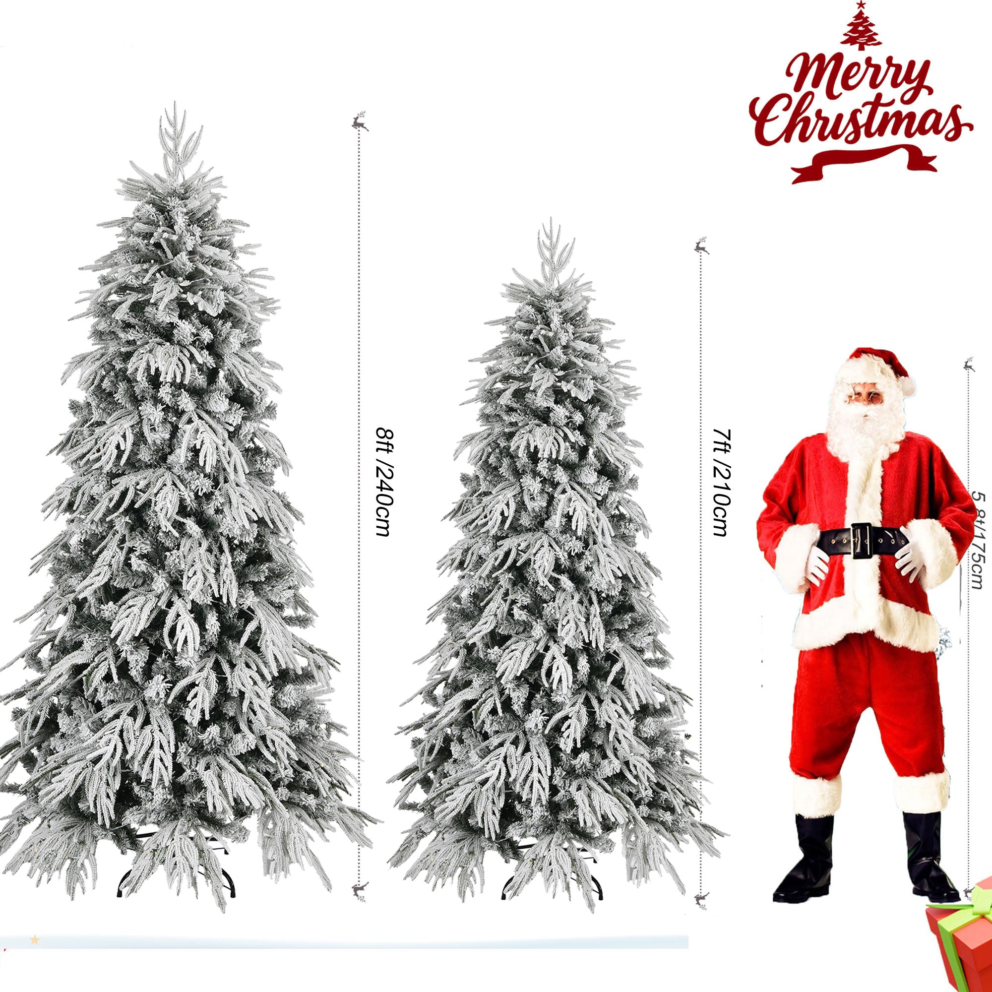 8ft Slim Flocked Noble Christmas Tree - Pre-lit Warm White LED, 950 PE/PVC Tips, Realistic Snow Design, Easy Assembly for Home Corners & Narrow Spaces