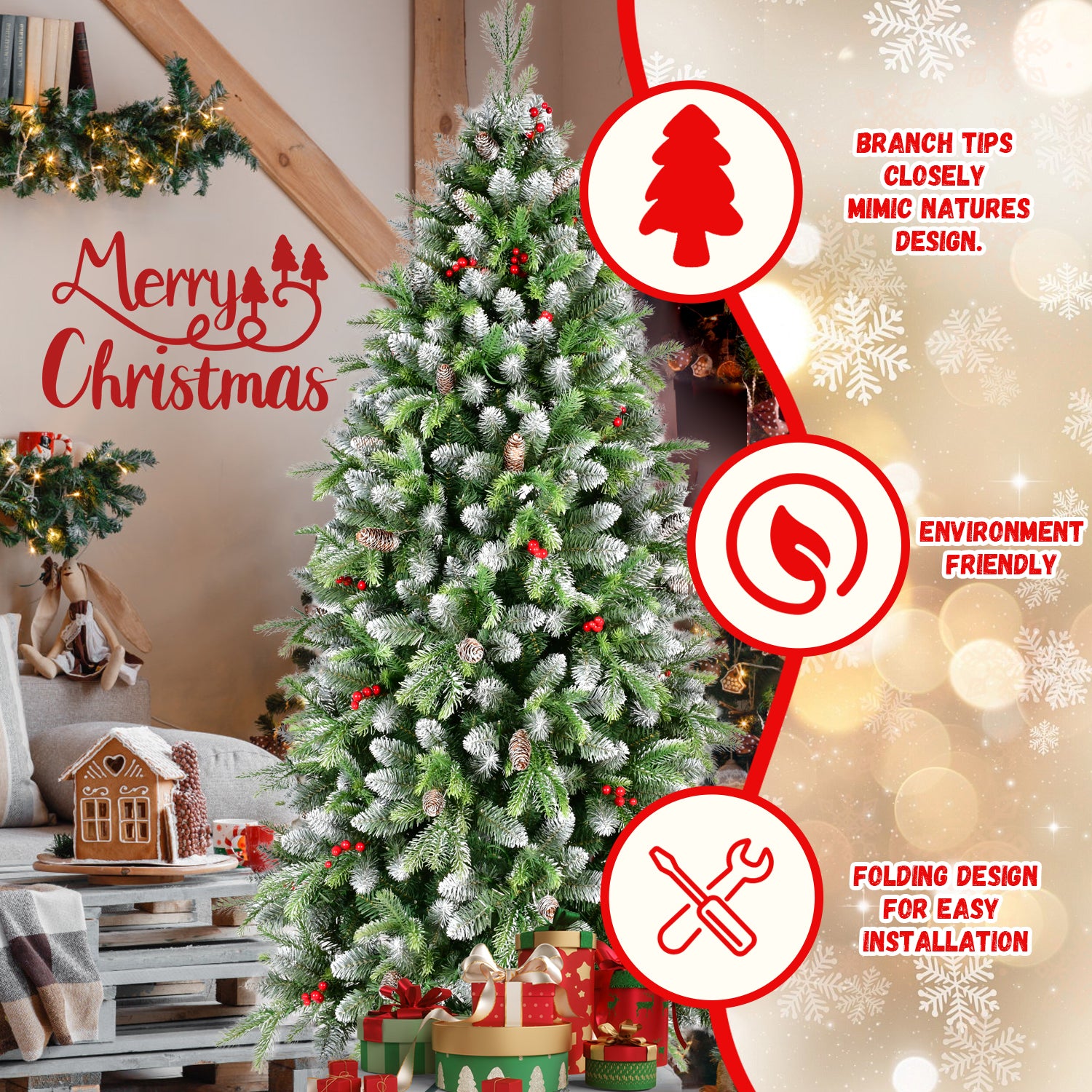 6ft Frosted Green Artificial Christmas Tree | 380 Warm White LED Lights | 1264 Lush Tips | Red Berries &amp; Pinecones | Sturdy Metal Stand | Indoor Holiday Decor