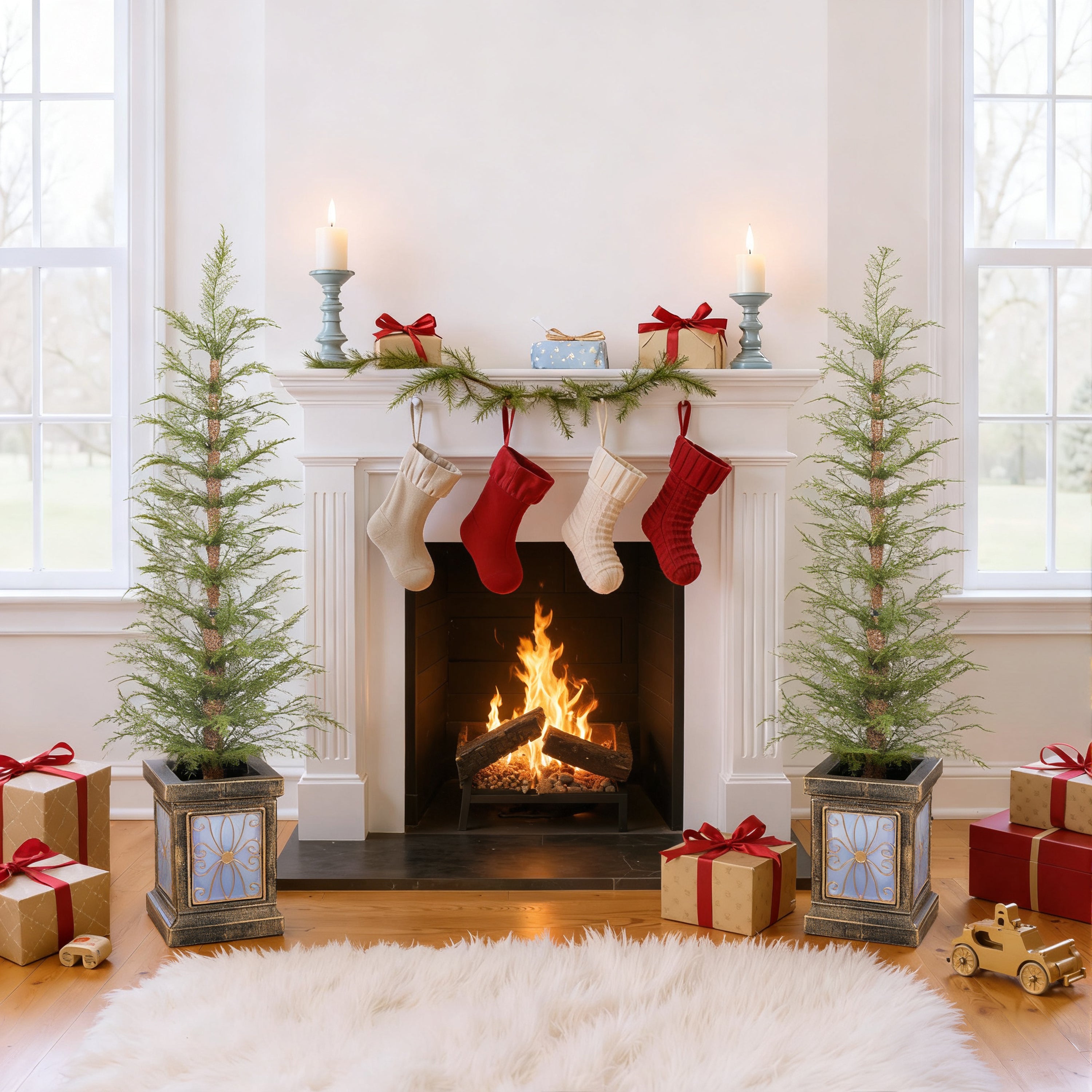 4ft Pre-Lit Artificial Christmas Trees (Set of 2) - Realistic PE Needles, Easy Assembly, Potted Stand, Green | Perfect for Home, Porch, Mantel Decor