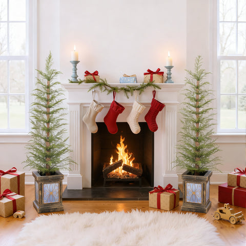 4ft Pre-Lit Artificial Christmas Trees (Set of 2) - Realistic PE Needles, Easy Assembly, Potted Stand, Green | Perfect for Home, Porch, Mantel Decor