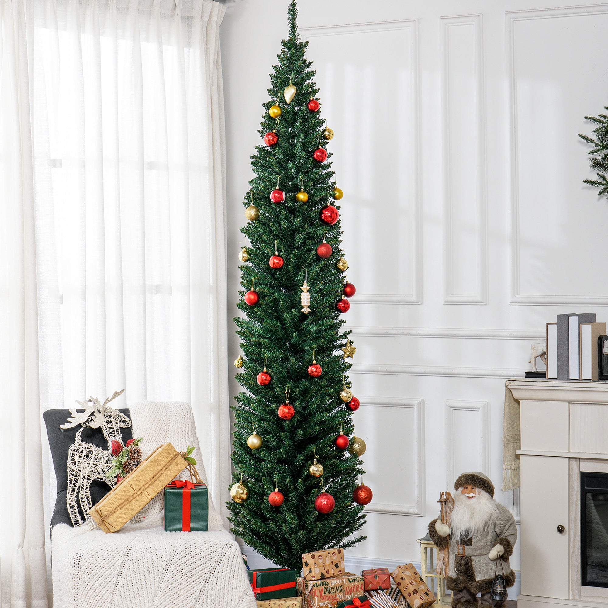 HOMCOM 8ft Slim Pencil Christmas Tree | 618 Realistic Branch Tips | Flame-Retardant Plastic | Green | Indoor Home & Fireplace Decor | Easy Assembly & Storage