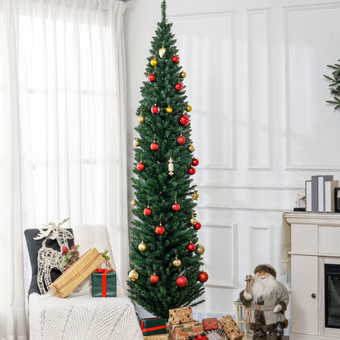 HOMCOM 8ft Slim Pencil Christmas Tree | 618 Realistic Branch Tips | Flame-Retardant Plastic | Green | Indoor Home & Fireplace Decor | Easy Assembly & Storage