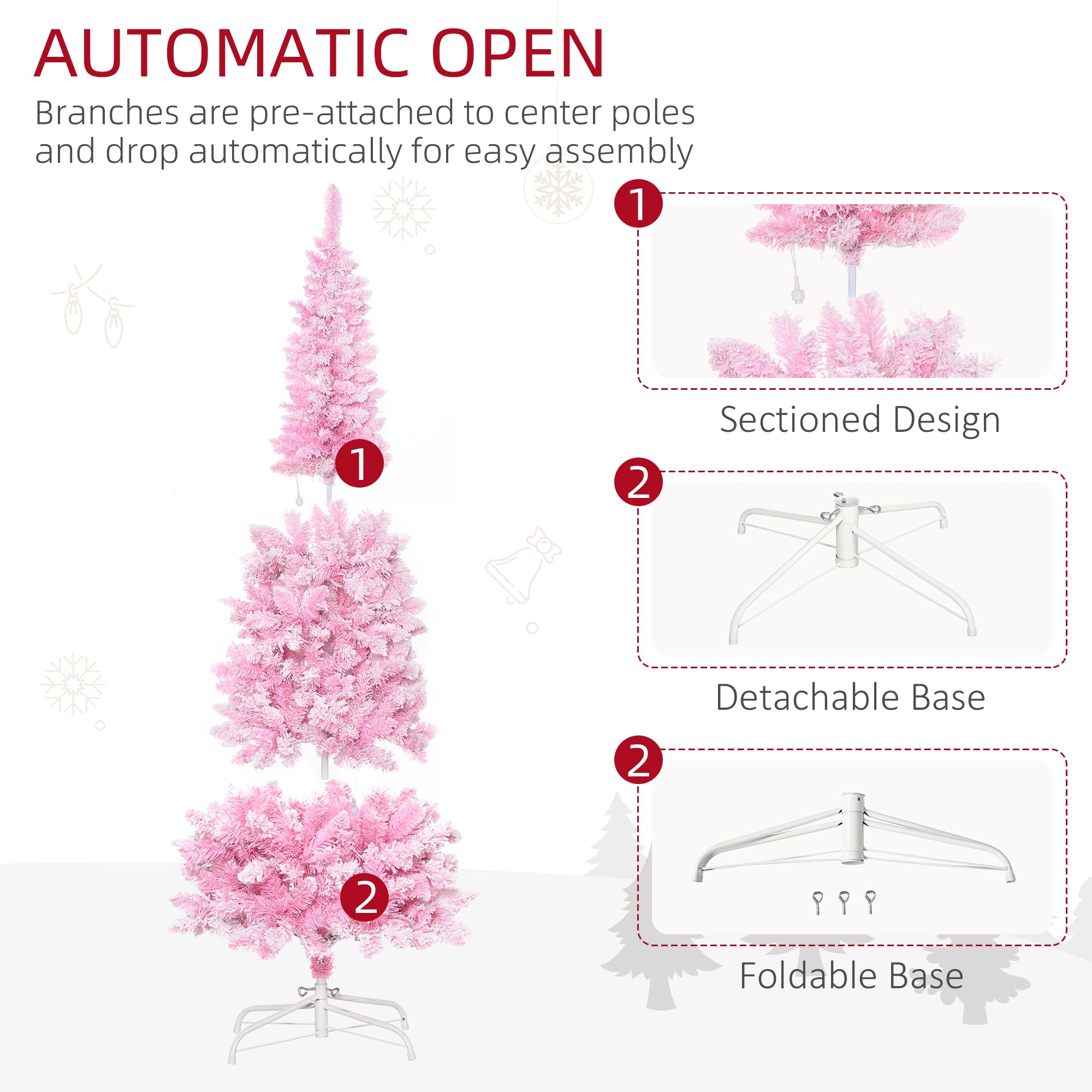 HOMCOM 6ft Pink Snow Flocked Pencil Christmas Tree | Realistic Pine Branches, Warm White LEDs, Auto Open | Indoor Holiday Decor