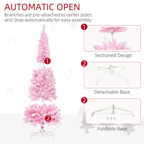 HOMCOM 6ft Pink Snow Flocked Pencil Christmas Tree | Realistic Pine Branches, Warm White LEDs, Auto Open | Indoor Holiday Decor