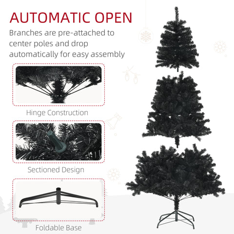 HOMCOM 7.5ft Black Artificial Christmas Tree: Auto-Open 1346 Branch Tips, Realistic Unlit Xmas Tree with Steel Base, Flame-Retardant Holiday Decor for Home & Office