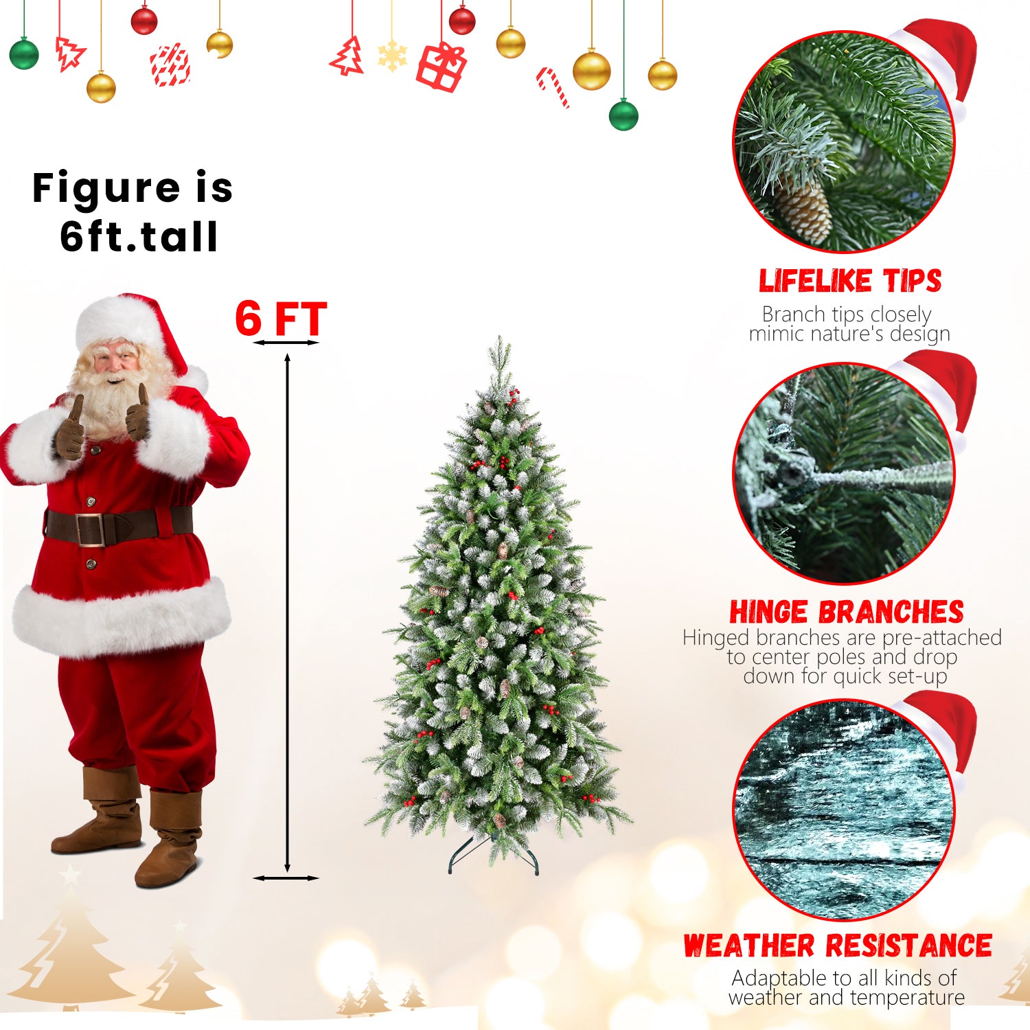 6ft Frosted Green Artificial Christmas Tree | 380 Warm White LED Lights | 1264 Lush Tips | Red Berries &amp; Pinecones | Sturdy Metal Stand | Indoor Holiday Decor