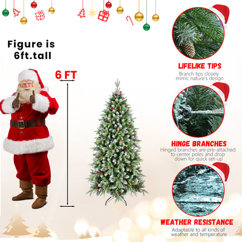 6ft Frosted Green Artificial Christmas Tree | 380 Warm White LED Lights | 1264 Lush Tips | Red Berries &amp; Pinecones | Sturdy Metal Stand | Indoor Holiday Decor