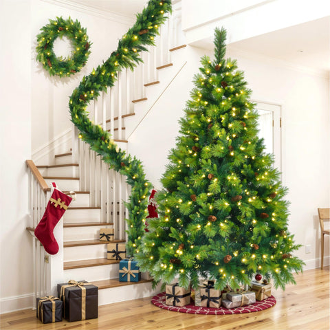 6FT Grass Green Hinged Artificial Christmas Tree Set: 844 Branch Tips, 430 Warm LED Lights, Pine Cones, Garland & Wreath Included - Durable PVC/PE for Home & Office Holiday Decor