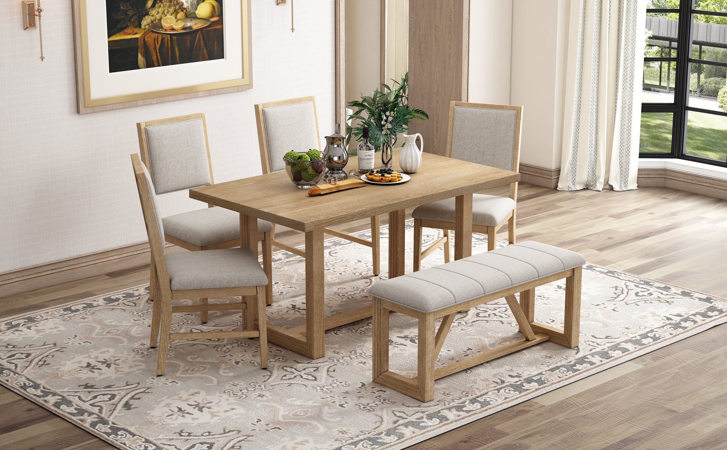 TREXM 6-Piece Retro Dining Table Set for 6, 60" Oak Veneer Wood Kitchen Table & 4 Chairs with Upholstered Bench, Natural Finish, Dining Room & Kitchen Use, Durable Rubberwood Legs