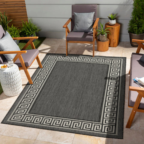 Sunshine GC_HAR2002 Anthracite 5'3" x 7'3" Indoor/Outdoor Area Rug - Durable Polypropylene Flatweave, Stain-Resistant, Easy Clean Patio Deck &amp; Living Room Decor, Made in Turkey