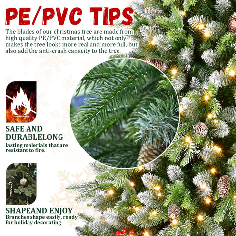 6ft Frosted Green Artificial Christmas Tree | 380 Warm White LED Lights | 1264 Lush Tips | Red Berries &amp; Pinecones | Sturdy Metal Stand | Indoor Holiday Decor