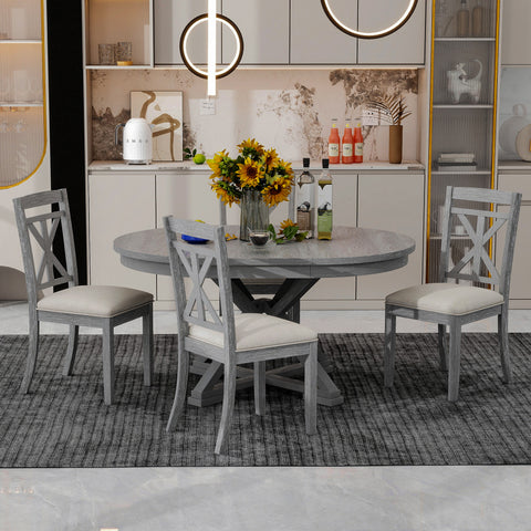 TREXM 5-Piece Extendable Round Dining Table Set for 4 - Vintage Grey Rubberwood & Linen Upholstered Chairs - 42"-54" Oval/Round Table for Kitchen, Dining Room, Living Room