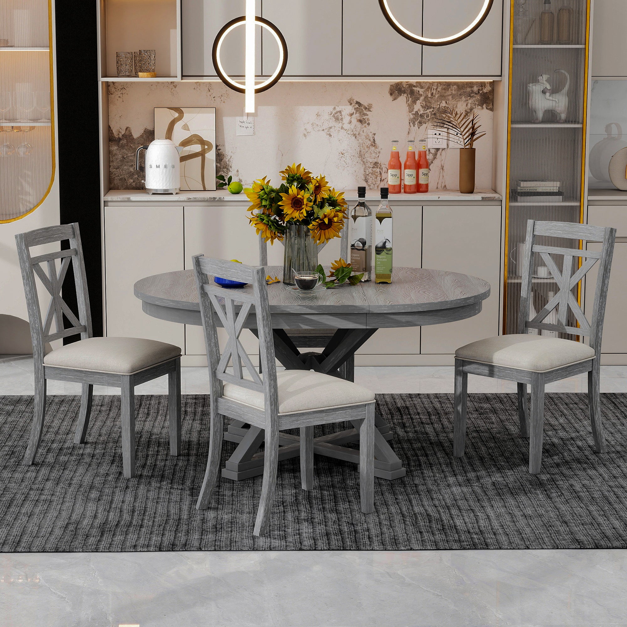 TREXM 5-Piece Extendable Round Dining Table Set for 4 - Vintage Grey Rubberwood & Linen Upholstered Chairs - 42"-54" Oval/Round Table for Kitchen, Dining Room, Living Room