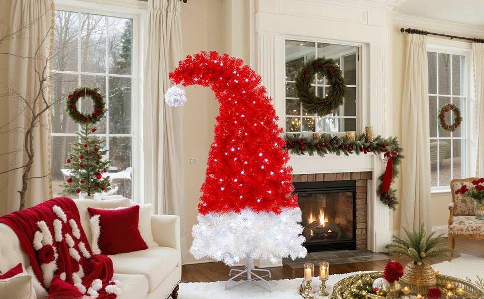 6FT Whimsical Santa Hat Christmas Tree | 1050 PET Tips | Pre-Lit 300 Cold White LEDs | Red & White | Indoor Holiday Decor