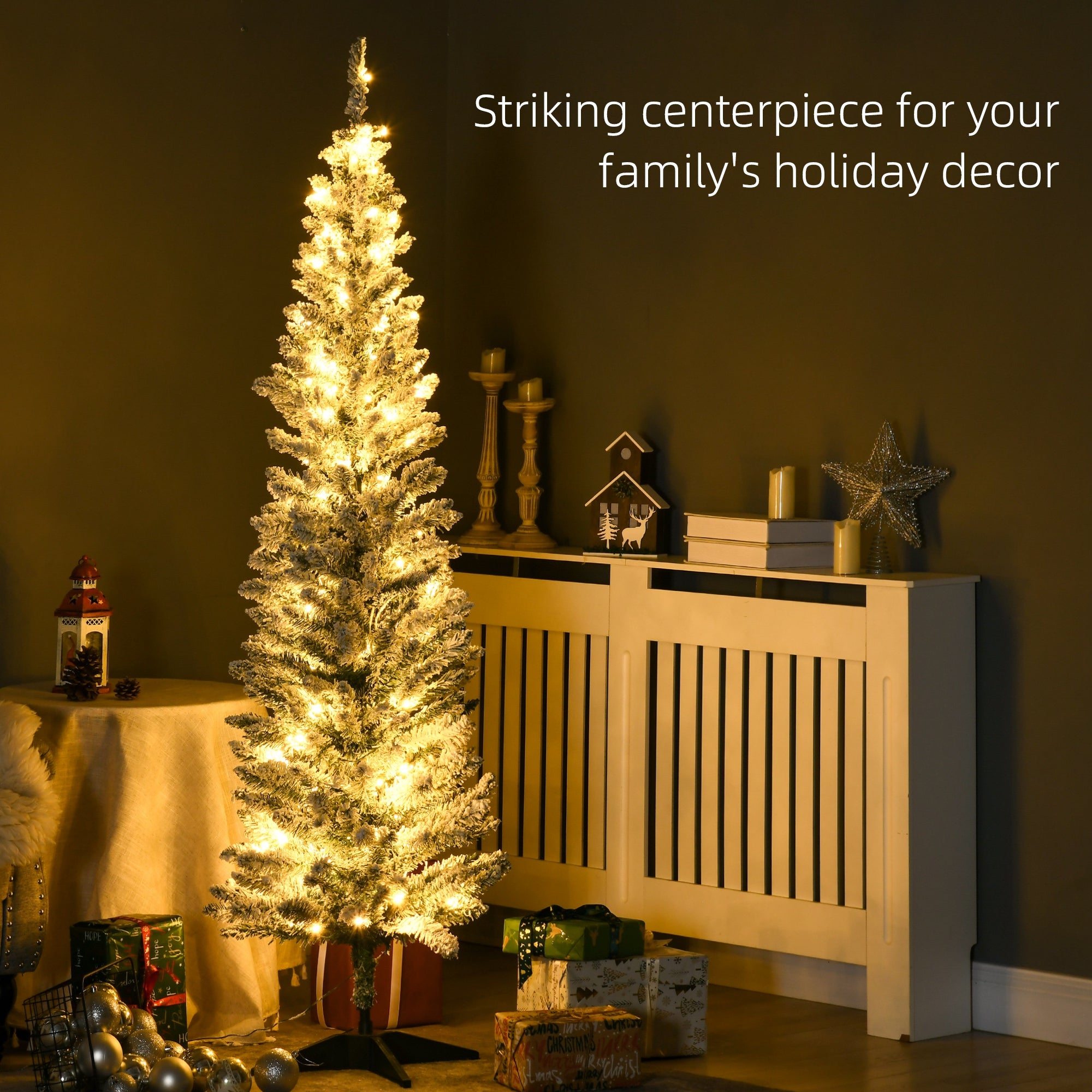 HOMCOM 6ft Slim Noble Fir Artificial Christmas Tree - Pre-Lit 170 Warm White LEDs, 390 Tips, Realistic Green Plastic, Indoor Home Decor