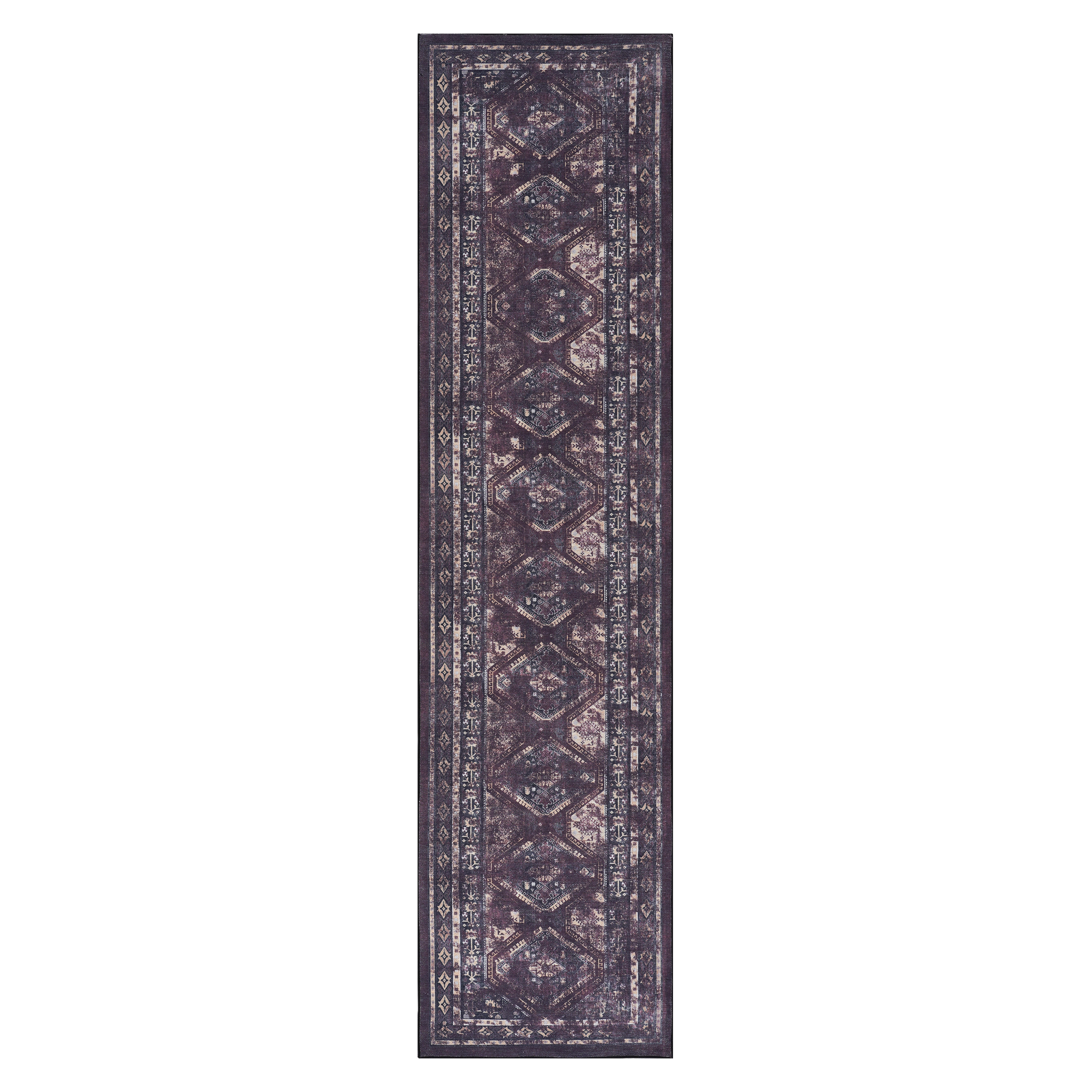 MAVAL Black Burgundy 2'6" x 10' Washable Runner Rug - Soft Chenille, Non-Slip, Stain-Resistant, Low Pile, Easy Clean Hallway, Kitchen, Living Room, Bedroom, Turkey