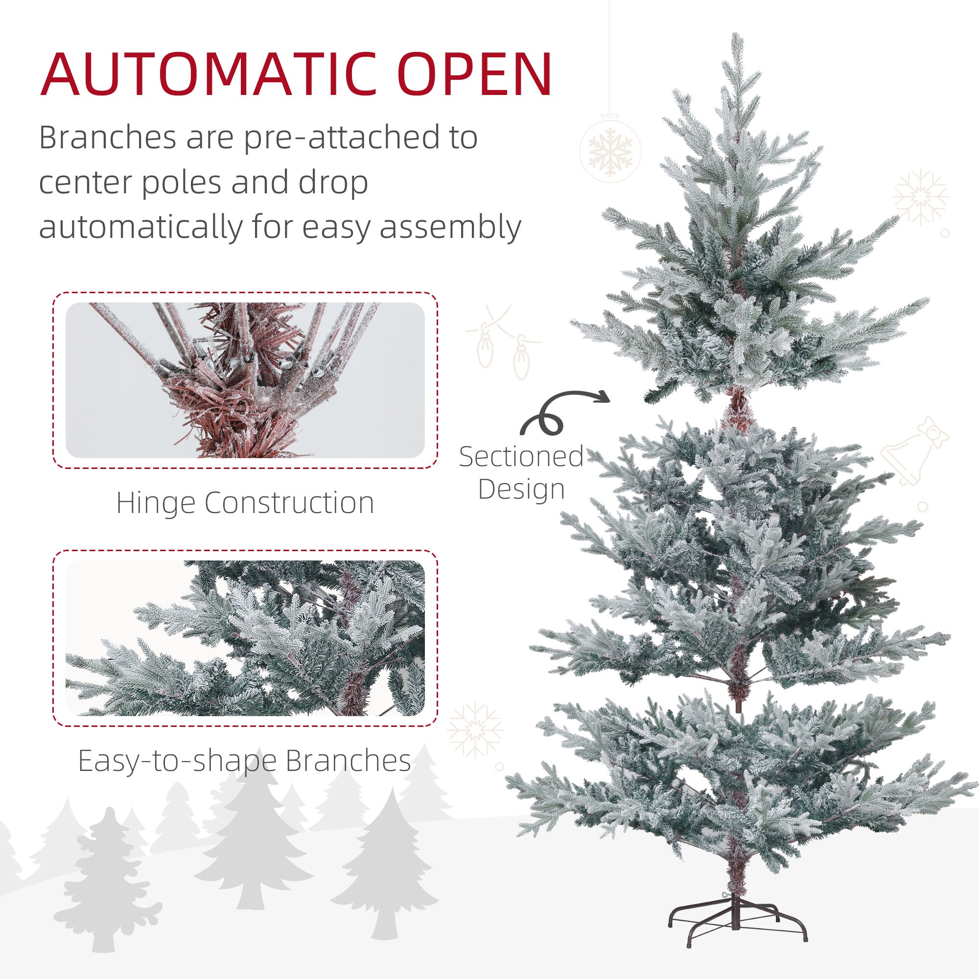 HOMCOM 7.5ft Snow Flocked Nordic Pine Artificial Christmas Tree | 1218 Tips, Hinged & Foldable Metal Stand | Realistic Green Xmas Tree for Indoor Holiday Decor, Easy Assembly