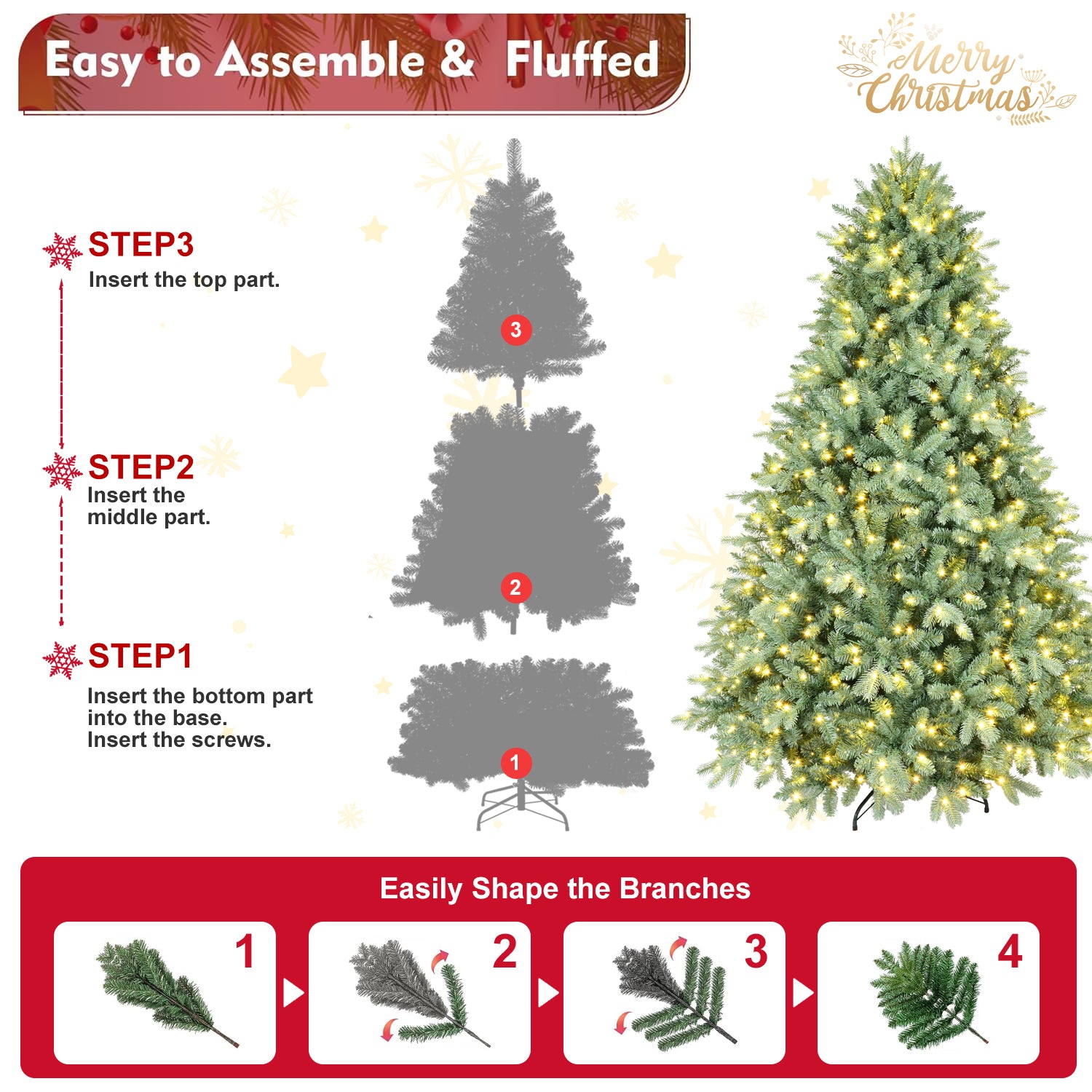 4FT Blue-Green Tint Pre-Lit Christmas Tree | 150 Warm White LEDs | 592 Lush PE+PVC Tips | Hinged Branches &amp; Metal Stand | Unique Holiday Home Decor