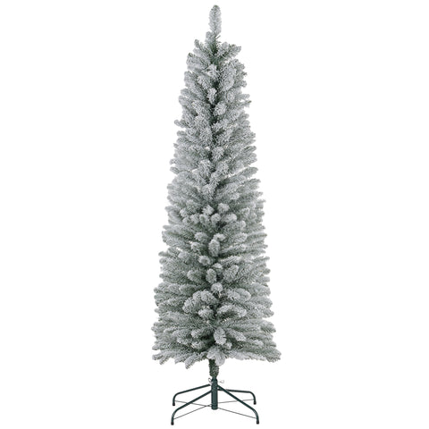 HOMCOM 6ft Snow Flocked Pencil Christmas Tree, Realistic Artificial Xmas Tree with 329 Tips &amp; Metal Base, Space-Saving Green Plastic Tree for Indoor Festive Decor