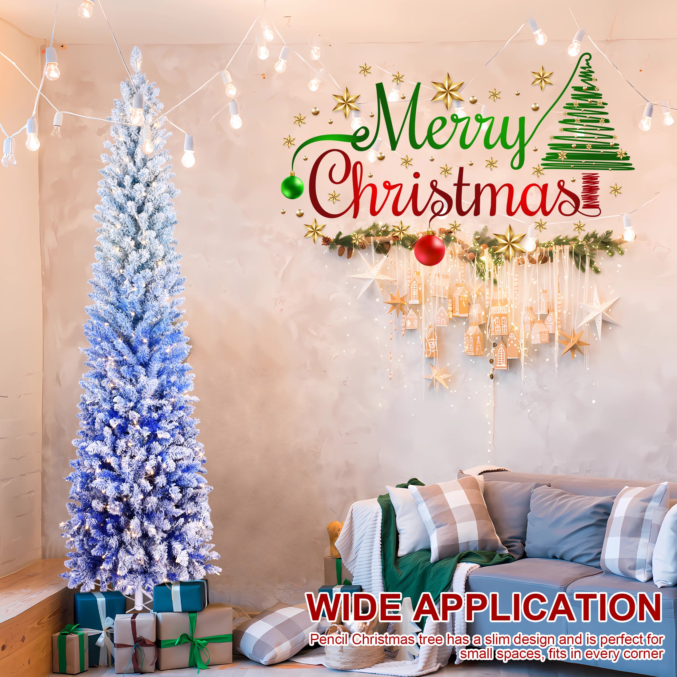 6FT Blue Gradient Flocked Pencil Christmas Tree - 200 Warm White LED Lights, 485 Tips, Hinged Branches, Slim Design, Metal Stand for Festive Home & Office Holiday Decor