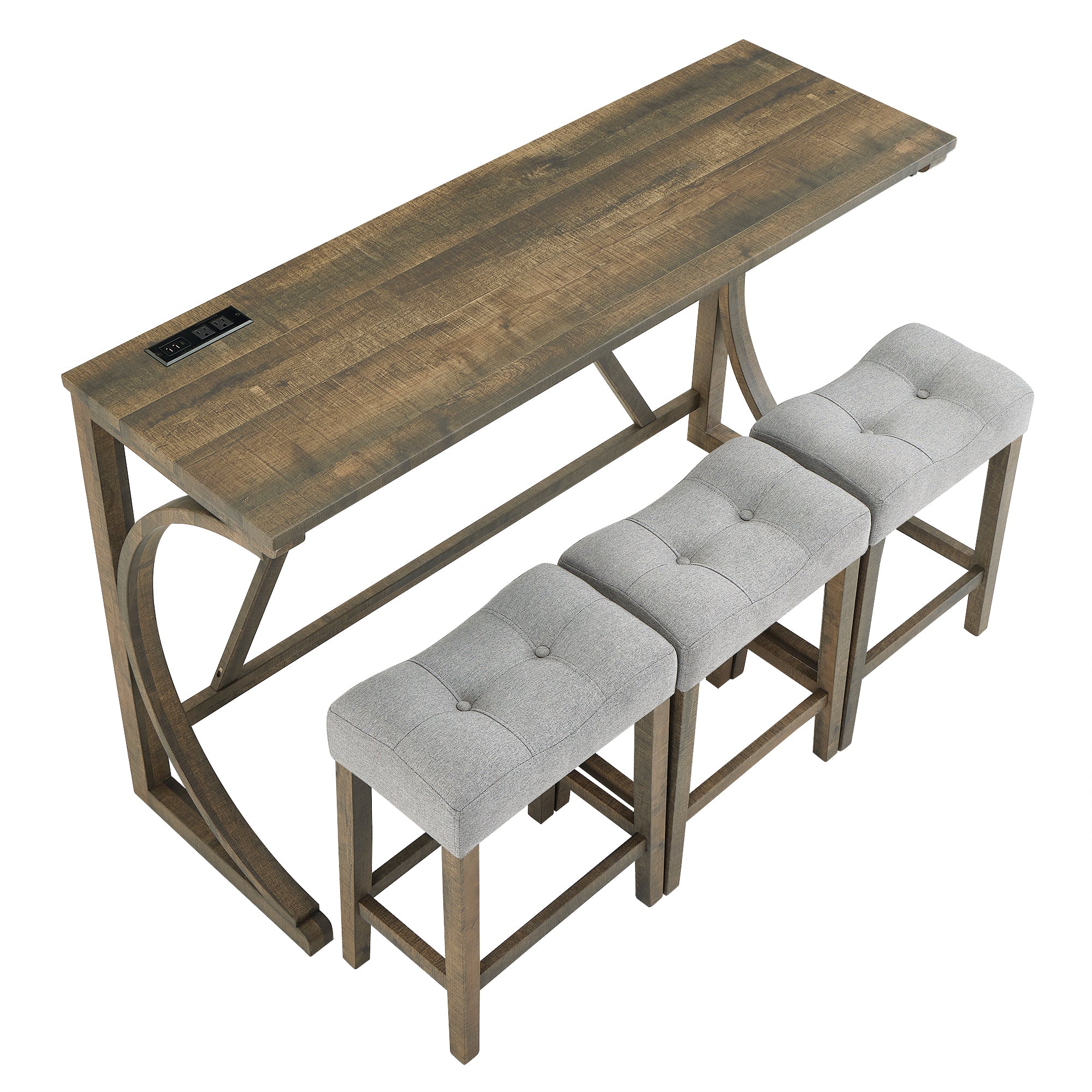 Industrial 4-Piece Bar Table Set with Power Outlet - Rustic Wood Grain Dining Table &amp; Comfy Linen Stools (59"x19"x36") - Space-Saving Breakfast Nook for Living Room, Game Room