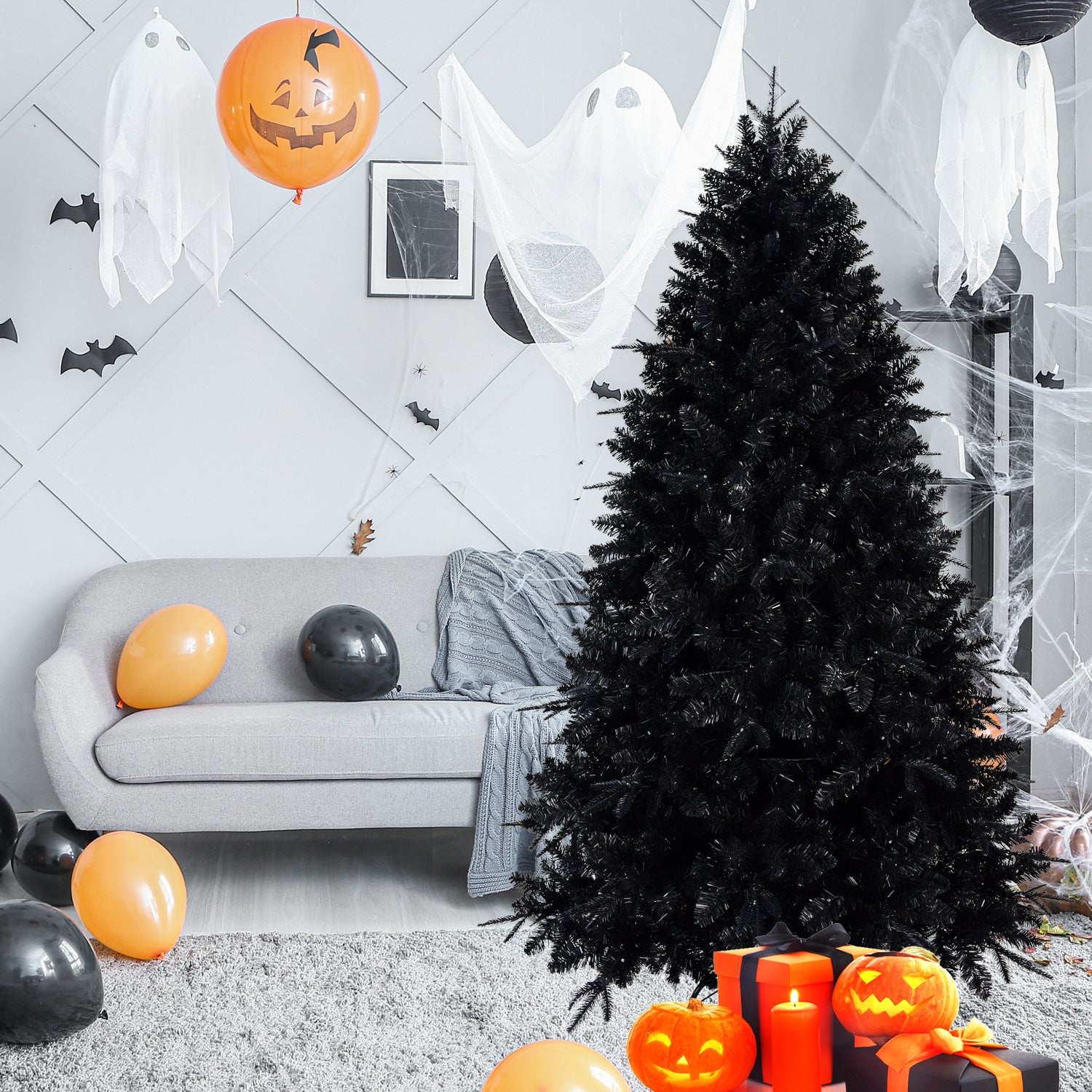9ft Black Artificial Christmas Tree with 750 White LED Lights, 3176 PE+PVC Tips, Hinged Structure &amp; Metal Stand for Halloween &amp; Holiday Decor