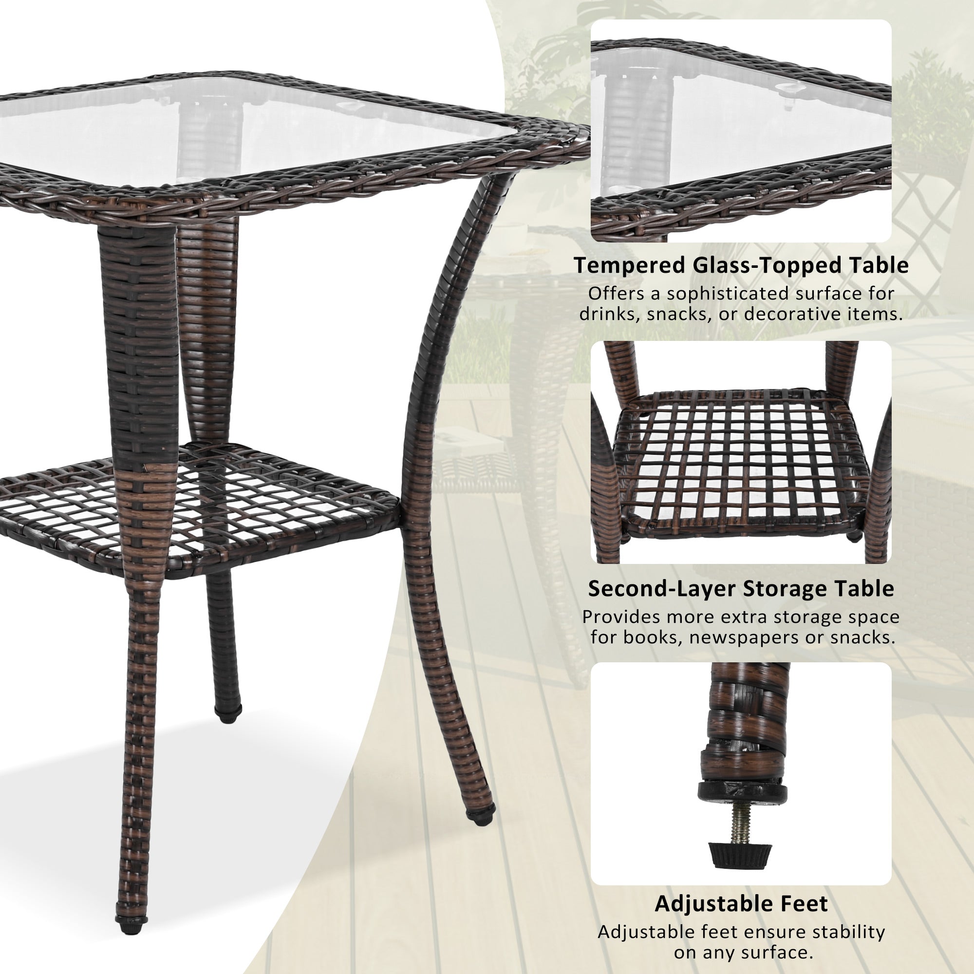 3-Piece Brown Rattan Outdoor Chat Set: 2 Swivel Rocker Chairs &amp; Glass Top Table for Garden Patio Balcony, Weather-Resistant Wicker Seating Group with Cushions